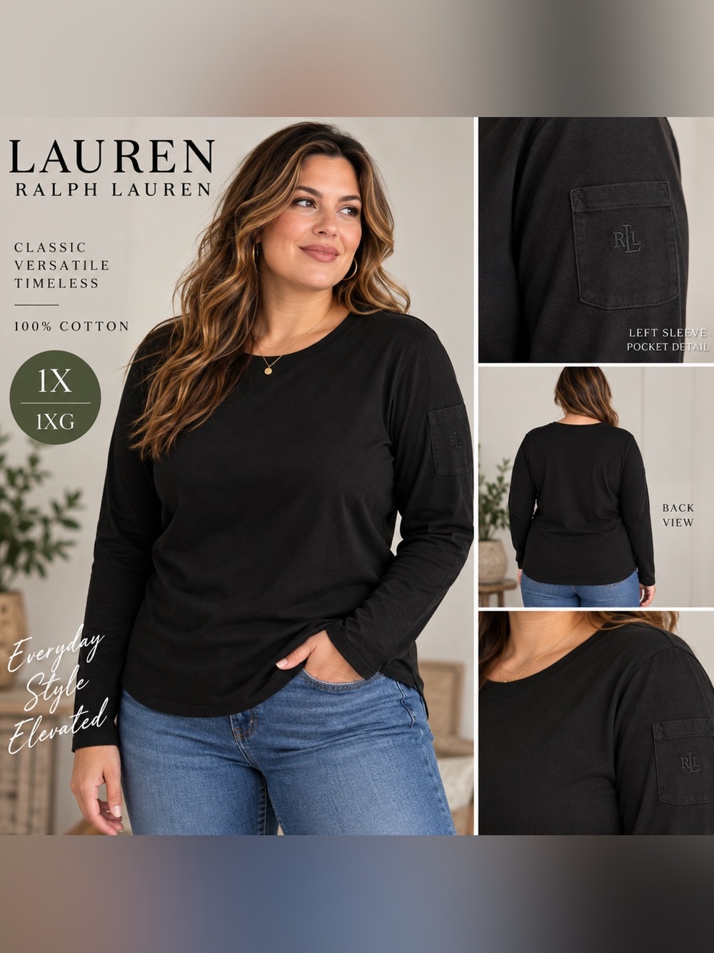 Lauren Ralph Lauren 1X Black Cotton Long Sleeve Top RL Sleeve Pocket